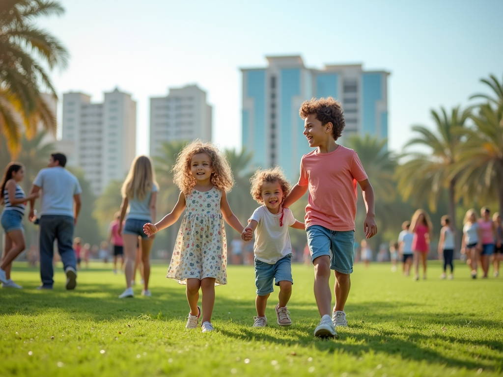 Three children running joyfully on grass with high-rise buildings in the background during sunny day.