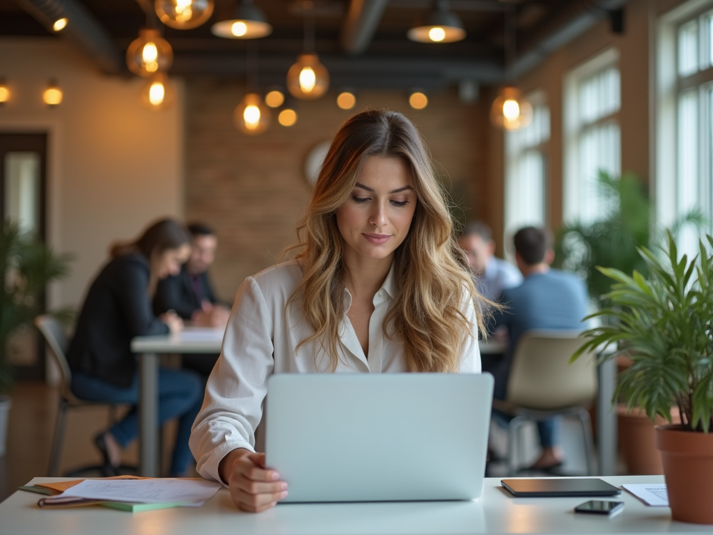 Woman working on laptop in busy office, with colleagues discussing in background.