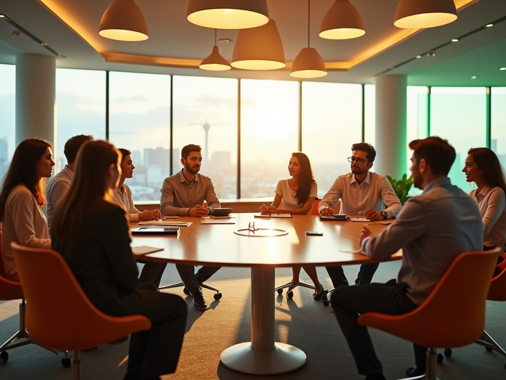 A group of professionals engaged in a meeting around a large table, with a sunset view through large windows.