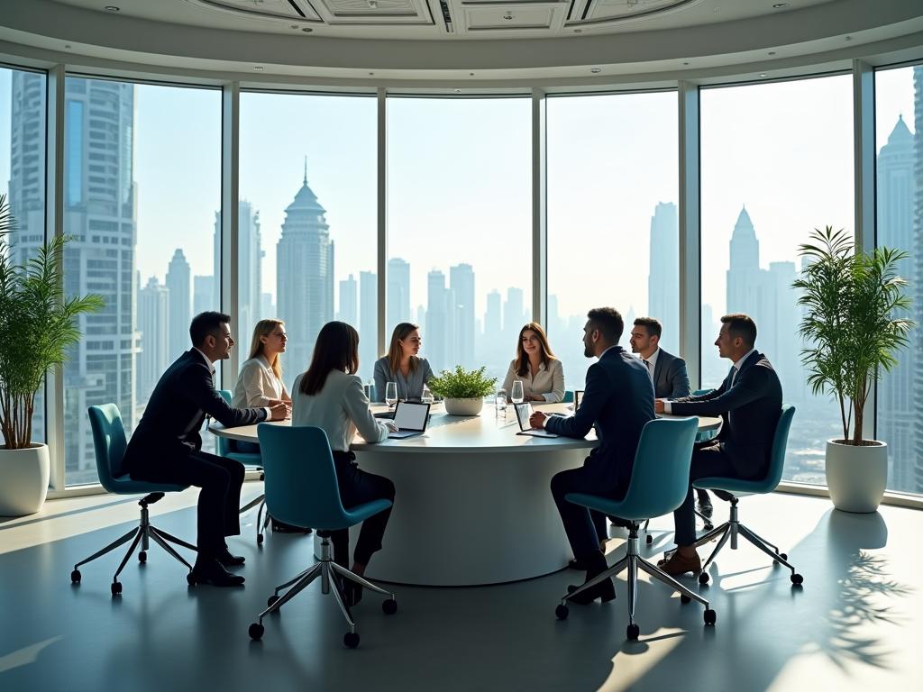 Business professionals having a meeting in a modern office with a city skyline view.