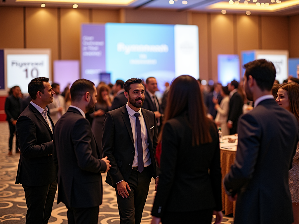 Professional networking event with attendees conversing in a banquet hall.