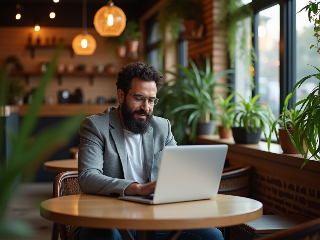 Bearded man using laptop at a cozy cafe with pendant lights and indoor plants.