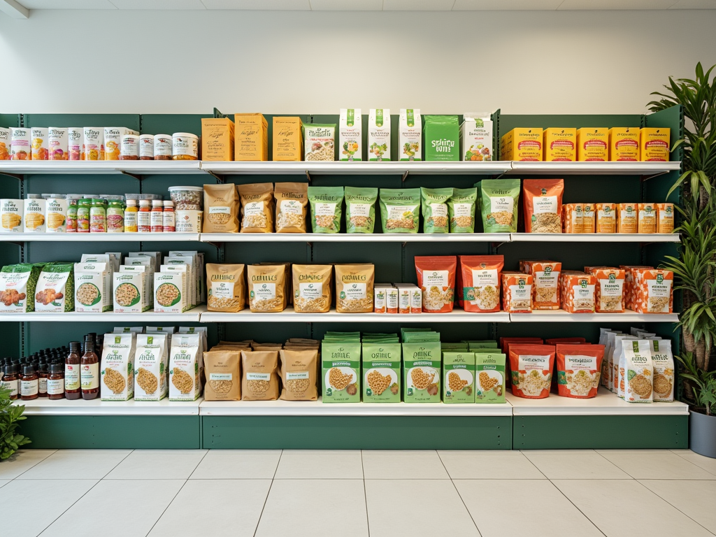 A well-organized shelf displays various packaged food products, including grains, snacks, and sauces.