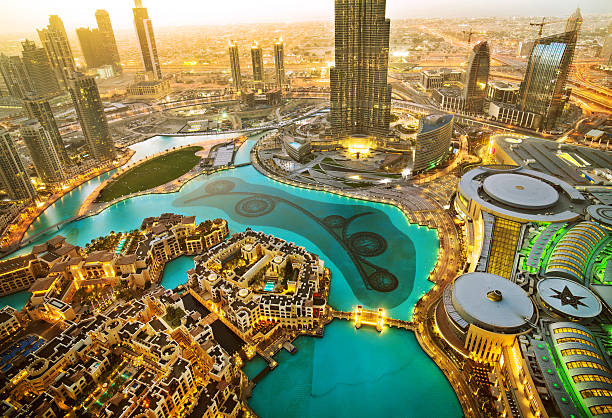 Aerial view of a thriving business district, showcasing impressive skyscrapers and modern infrastructure.