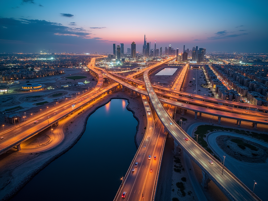 Twilight cityscape with illuminated highways intersecting over a river, leading towards dense urban skyline.