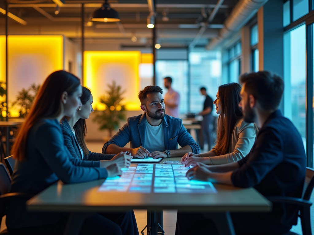 A group of five people engaged in a serious discussion around a table with illuminated screens.