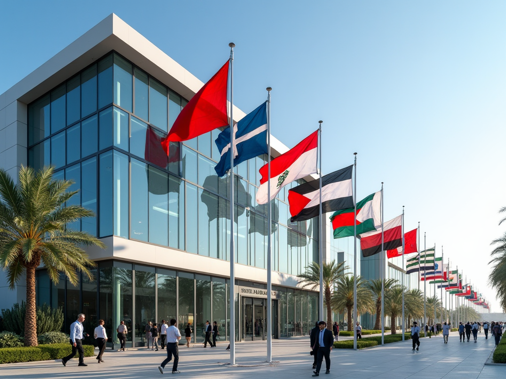 Modern building with glass facade flanked by rows of international flags, people walking outside.