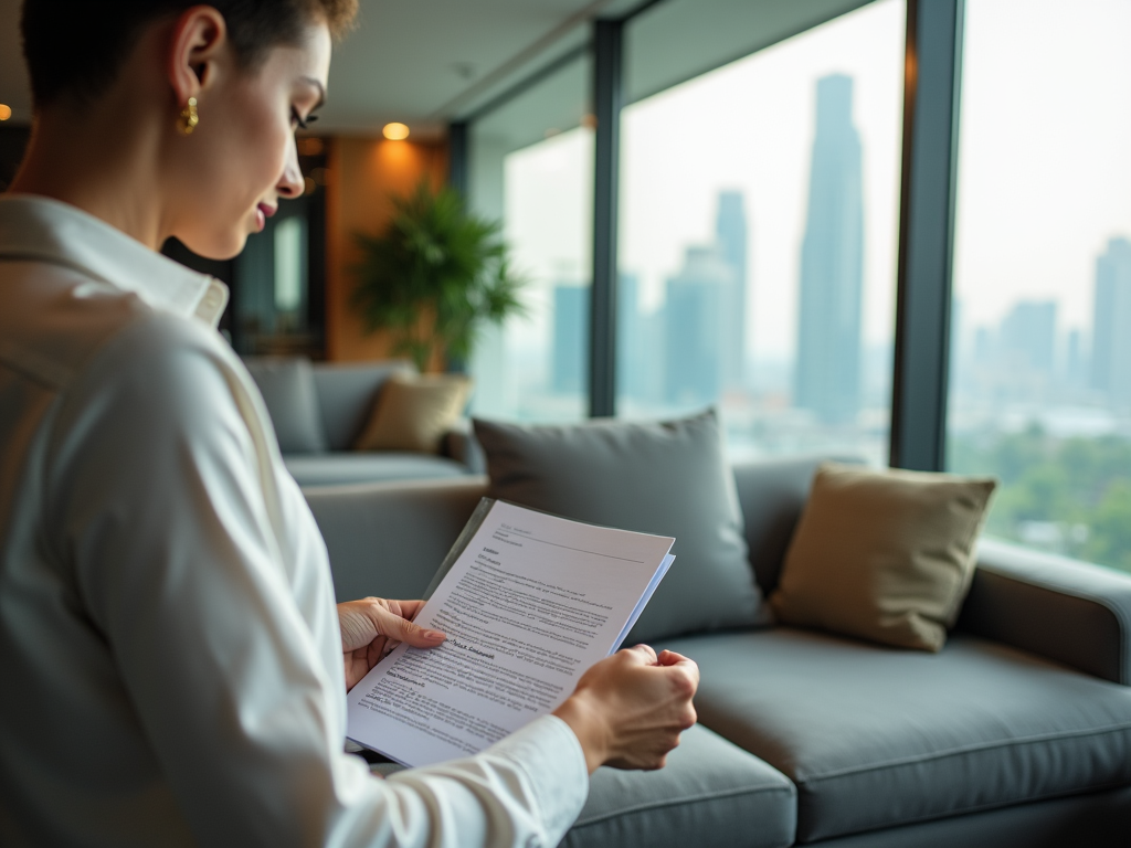 Woman reading a document in a modern office lounge with cityscape in the background.