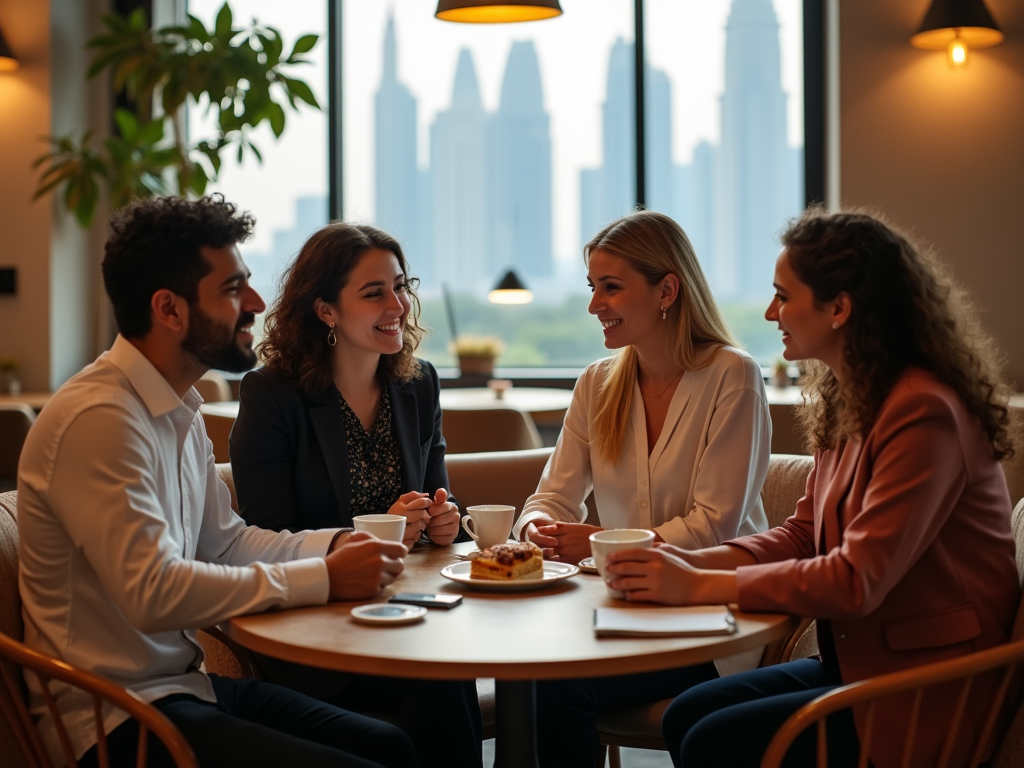 Two men and two women enjoy coffee and conversation in a cafe with a city view.