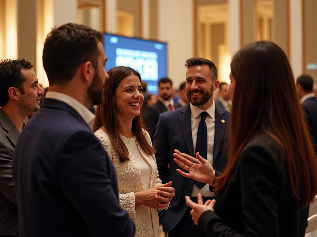 Group of professionals engaging in conversation at a formal event, with warm smiles and elegant attire.