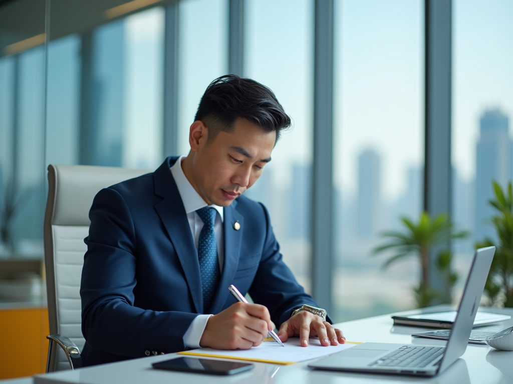 Asian businessman writing notes at desk with laptop in modern office with cityscape background.