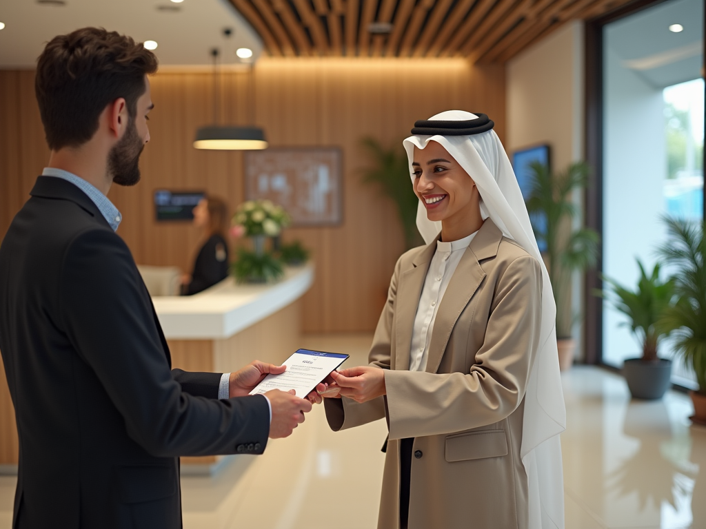 A man in a suit hands a document to a smiling man in a traditional Emirati outfit in a modern office lobby.