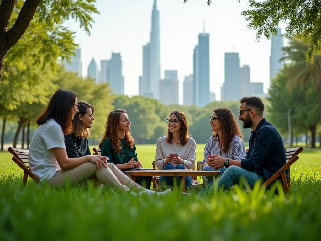 A group of six friends sitting together on the grass, smiling and chatting, with a city skyline in the background.