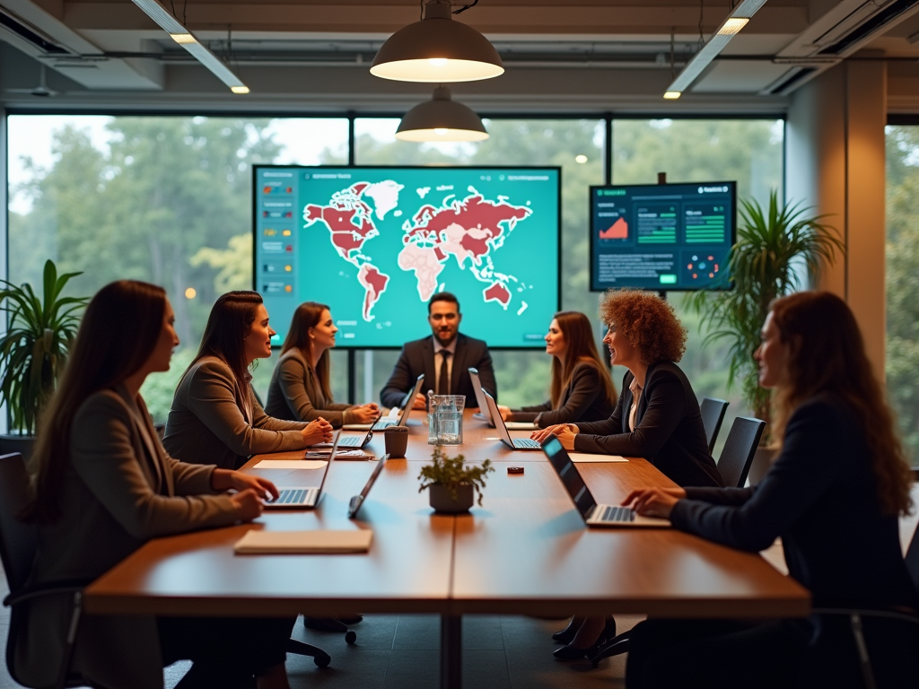 A group of professionals in a meeting room discussing a presentation with digital maps and data on display.