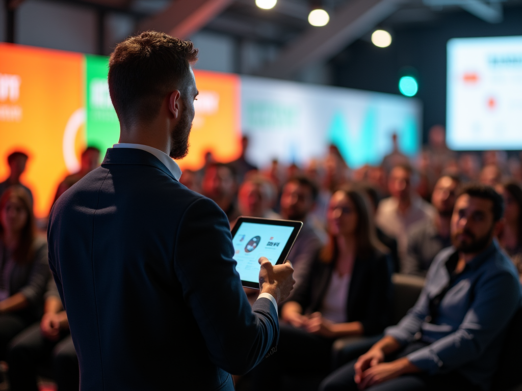 Man presenting on tablet to audience at a business conference.