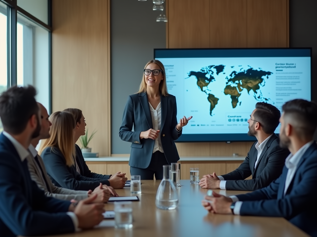 Woman presenting global data to a group of professionals in a modern conference room.