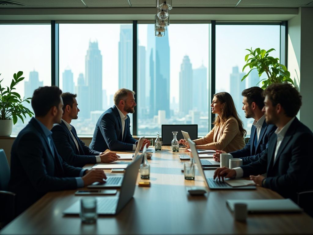 Business professionals in a meeting, with a city skyline visible through the window behind them.