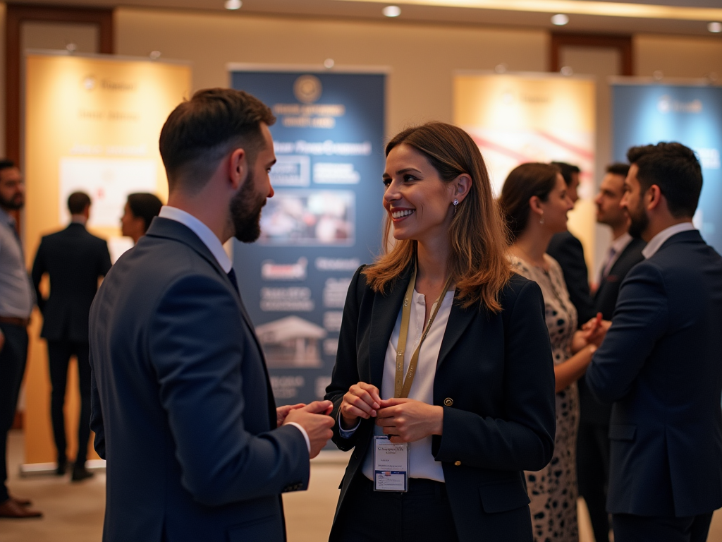 Man and woman in business attire conversing at a professional networking event.