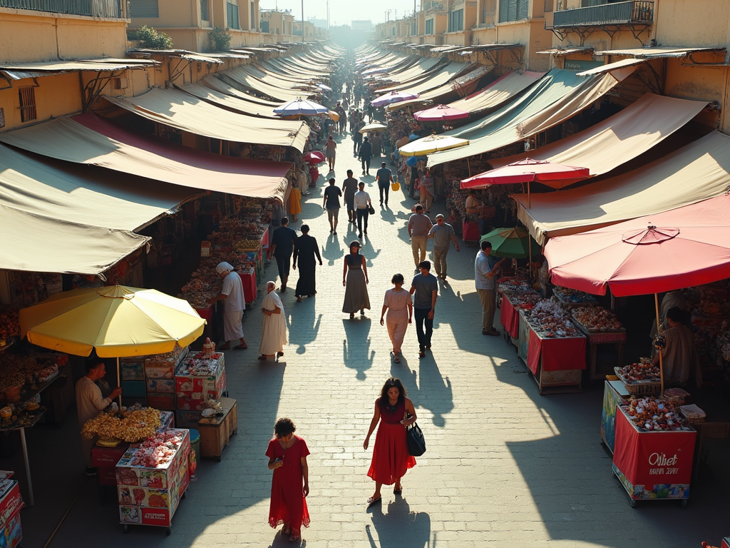 Bustling market street with colorful awnings and vendors selling goods, people shopping in the sunlight.