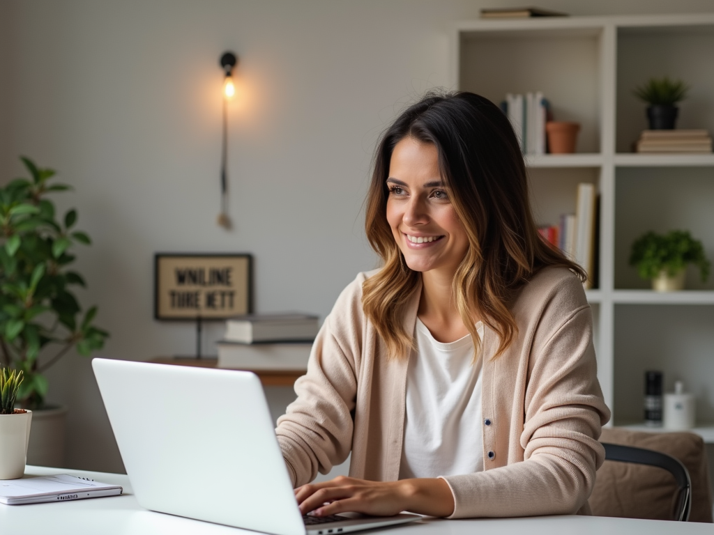 A smiling woman sits at a desk, working on a laptop in a cozy, well-organized home office.