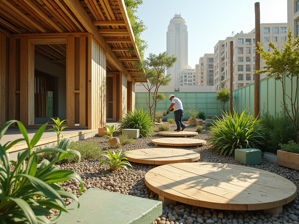 A person tends to a landscaped garden with wooden paths and modern buildings in the background.