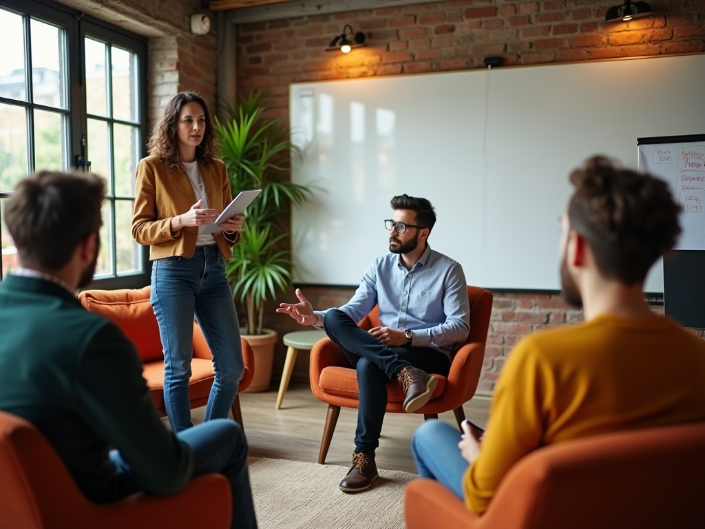 A woman stands with a clipboard, speaking to a group of three men seated in a modern meeting room.