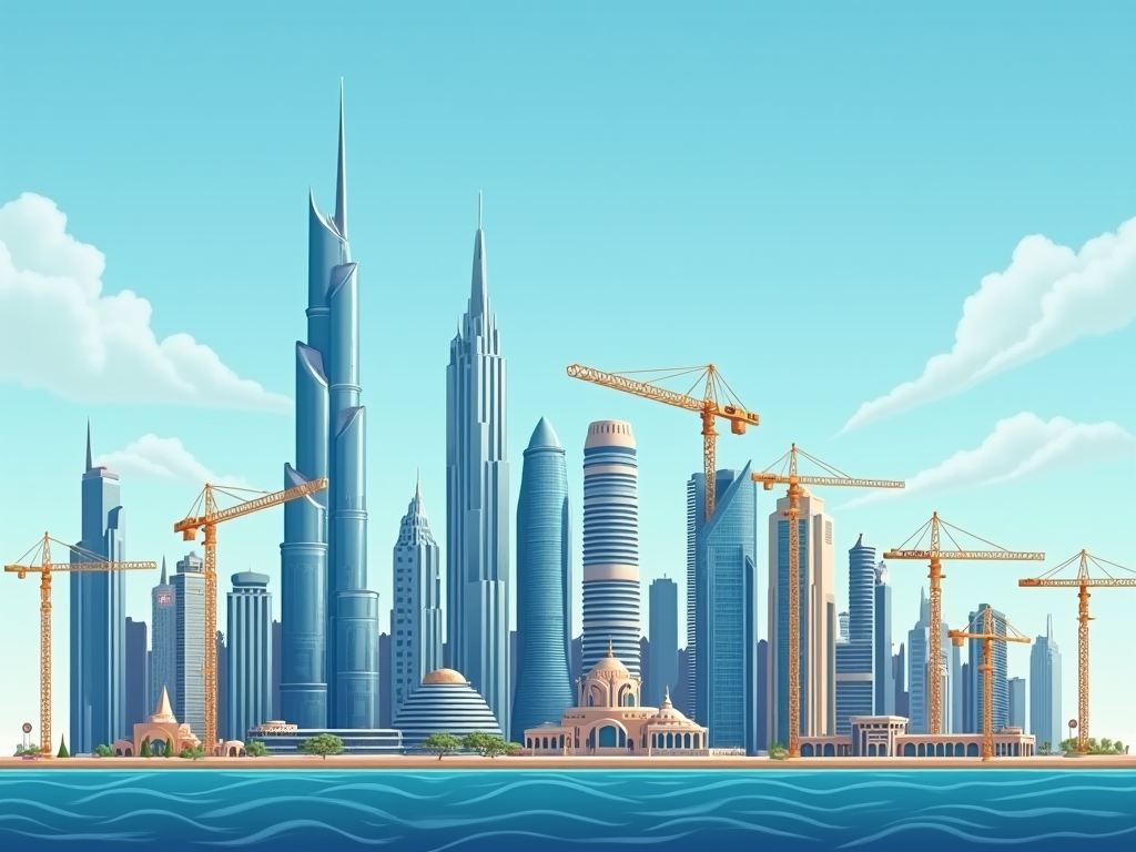 Illustration of a futuristic city skyline with skyscrapers and construction cranes under a clear blue sky.