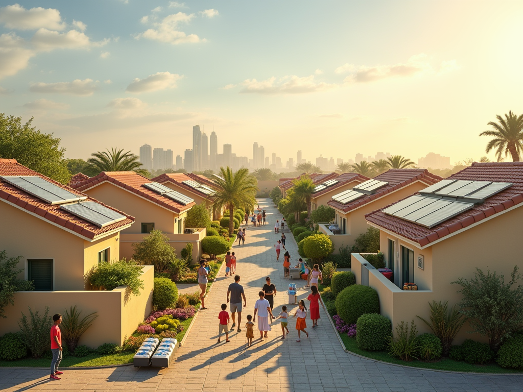 Sunset over a suburban street with solar panel roofs, people walking, and city skyline in the background.