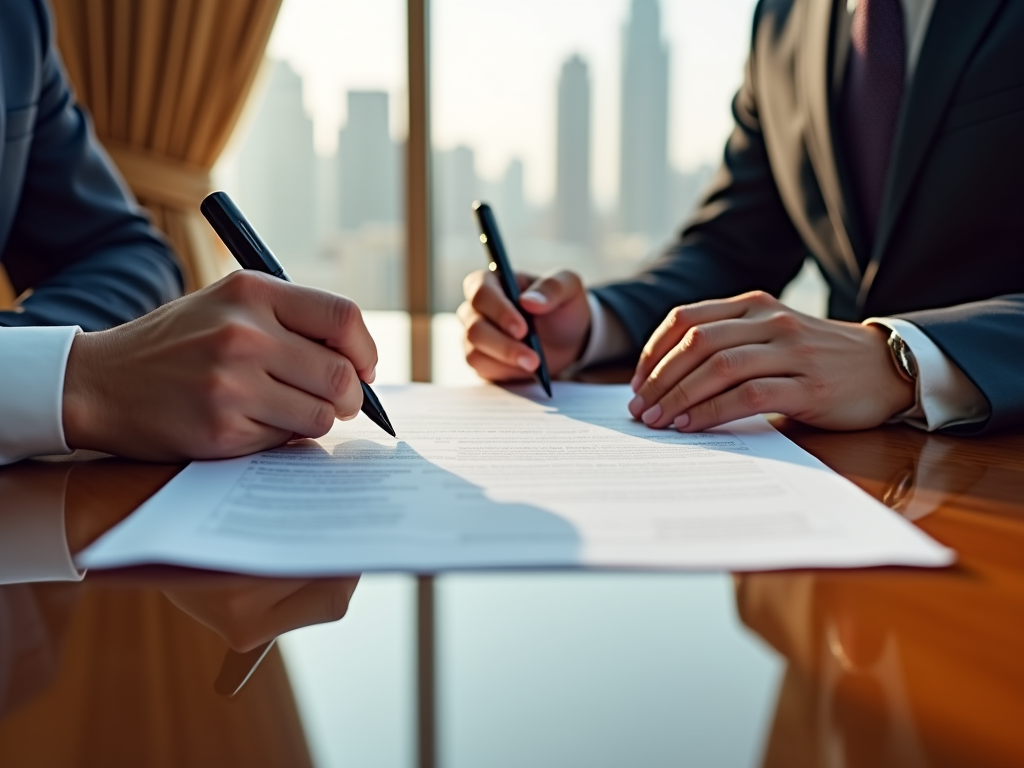 Two professionals signing documents at a desk with a city skyline in the background.