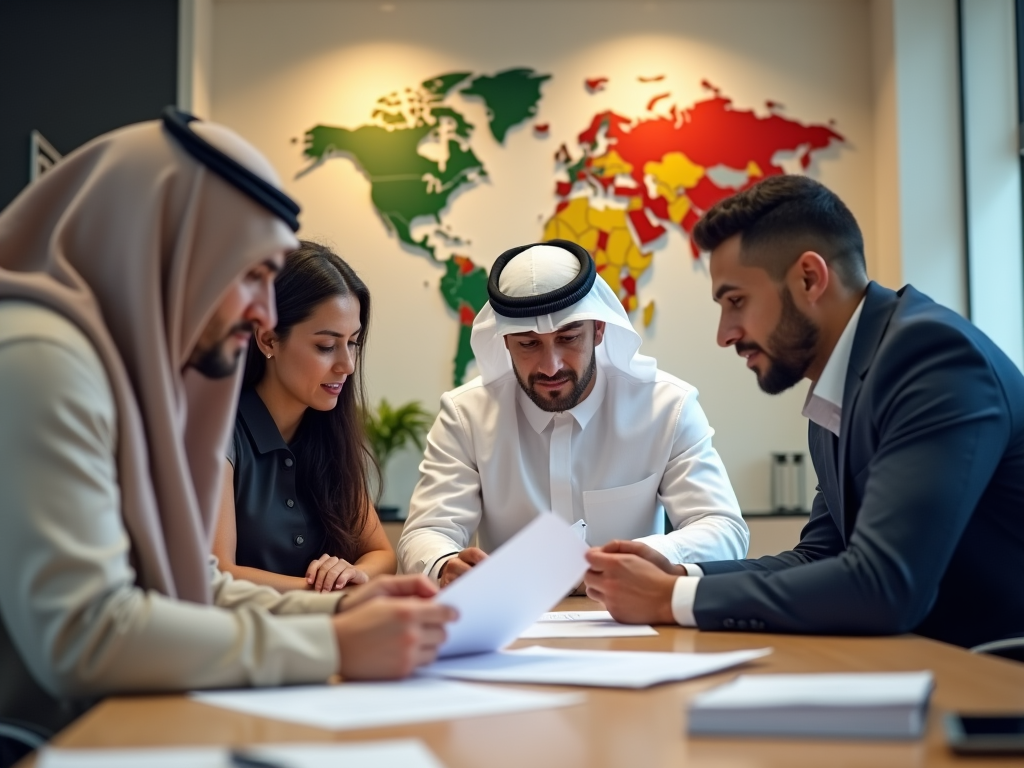 Four business professionals, including two in traditional Arab attire, review documents at a table with a world map background.