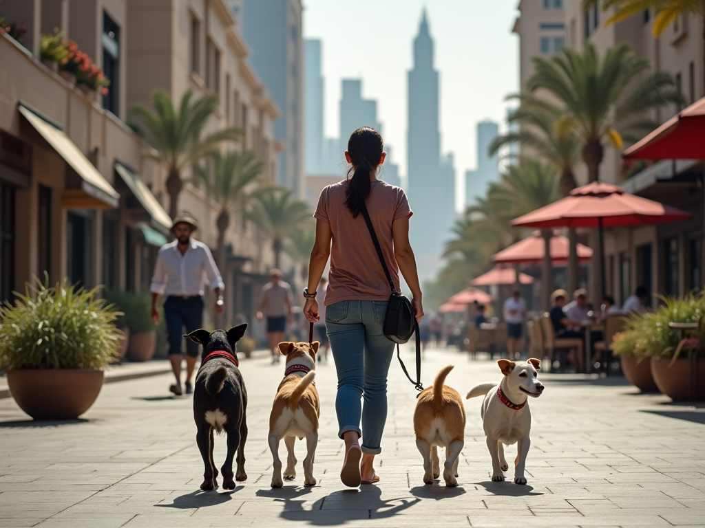 A woman walks four dogs along a sunny street lined with palm trees and outdoor cafes, city skyline in the background.