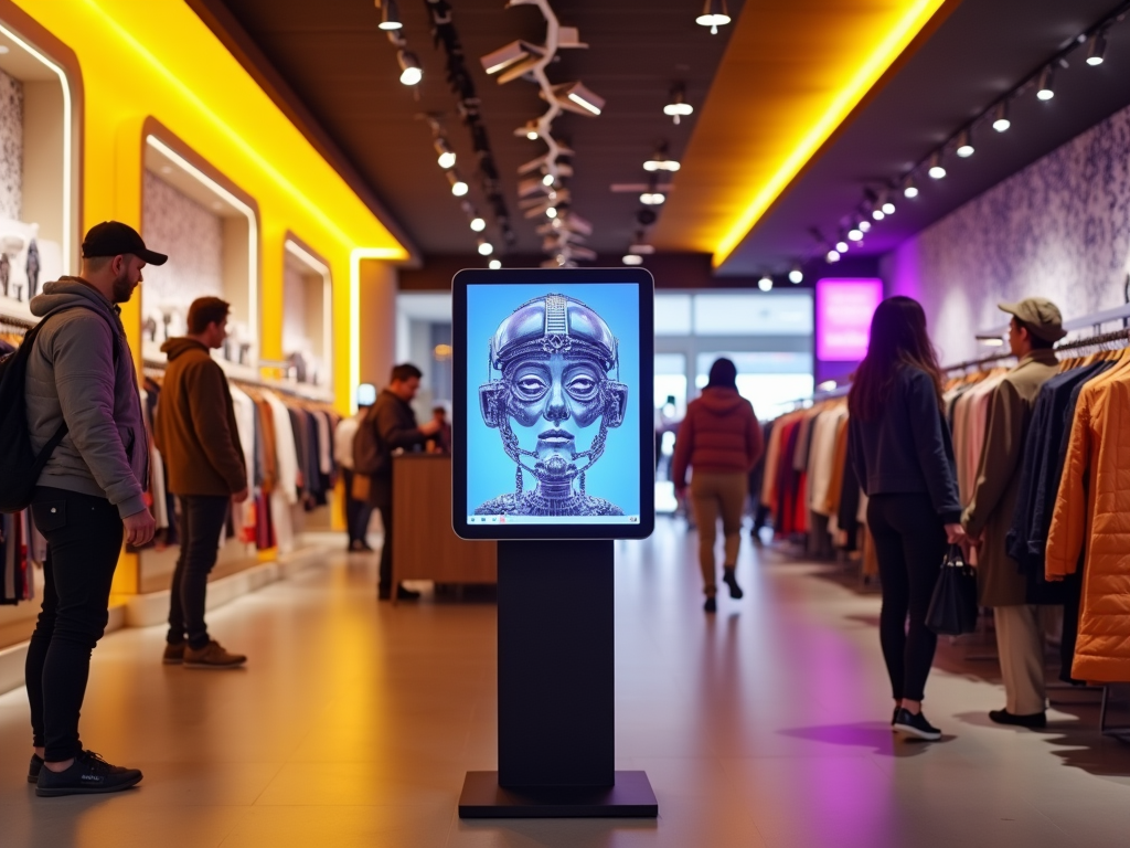 A modern retail store with shoppers and a digital display featuring a robotic figure. Warm lighting enhances the ambiance.