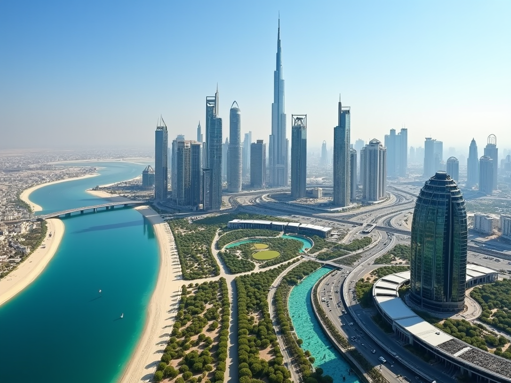 Aerial view of Dubai skyline with skyscrapers and blue waterways under clear skies.