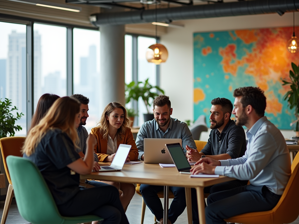 Group of professionals in a meeting at a vibrant office with a city view.