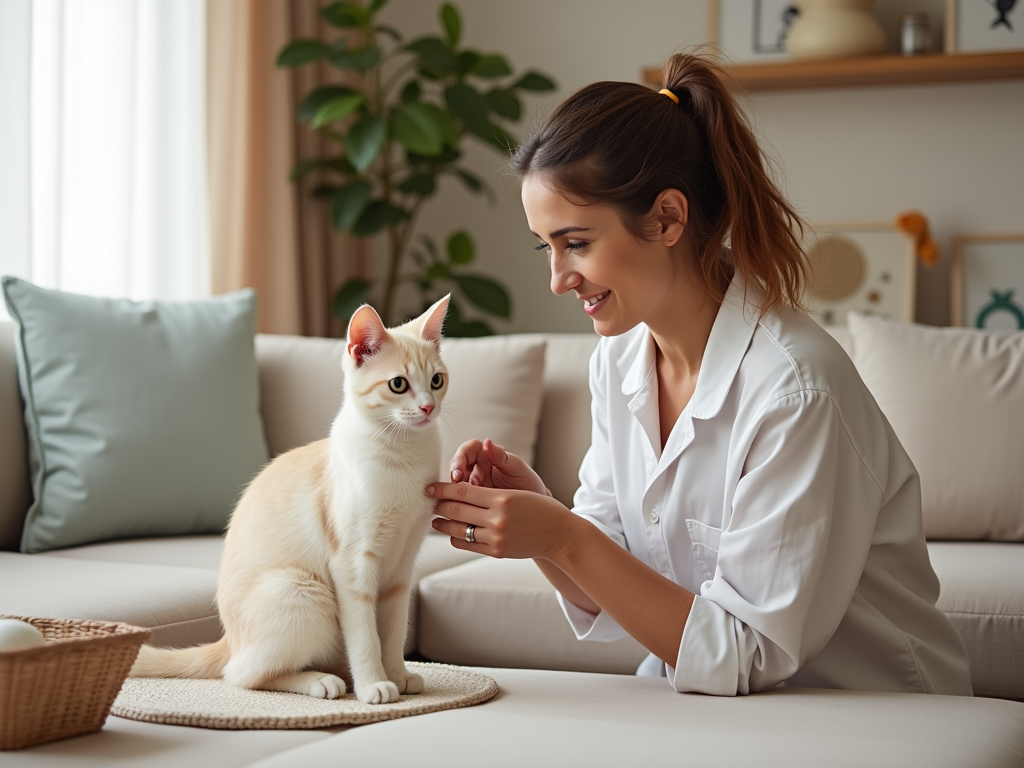 A woman in a white shirt smiles while gently petting a cream-colored cat on a couch in a cozy living room.