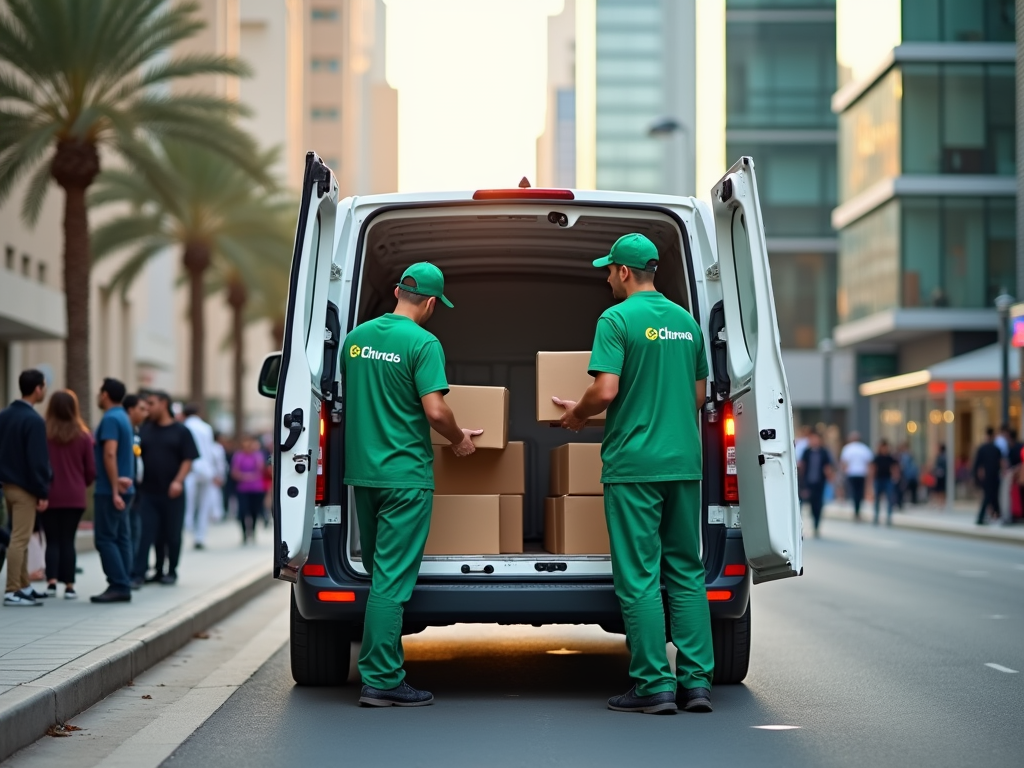 Two delivery workers in green uniforms loading boxes into a white van on a busy city street.