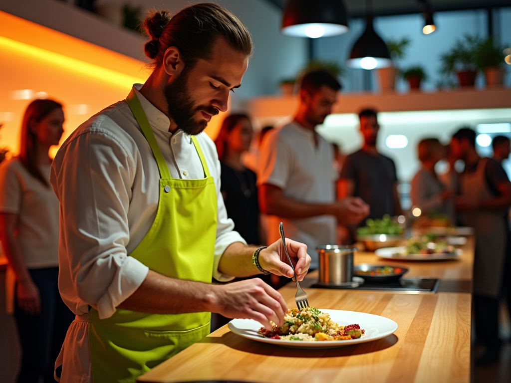 A chef in a bright green apron meticulously plates a dish in a lively, well-lit kitchen with others nearby.