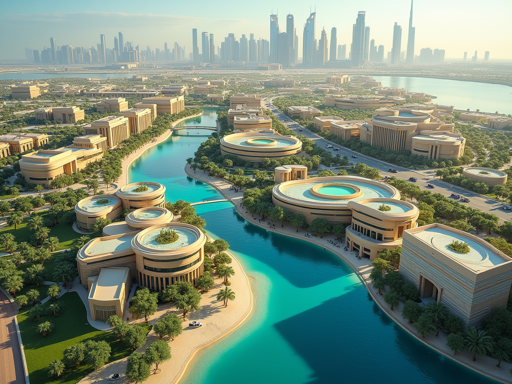 Aerial view of green-roofed circular buildings harmoniously set near a turquoise waterbody with a city skyline in the background.