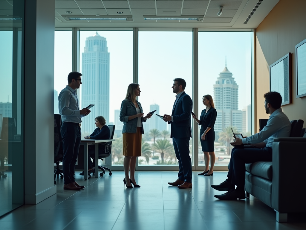 Professionals in office setting engaging in conversation, with city skyline in background through large windows.