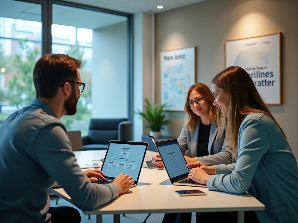 Three professionals in a meeting, collaborating on laptops in a modern office environment, with large windows.