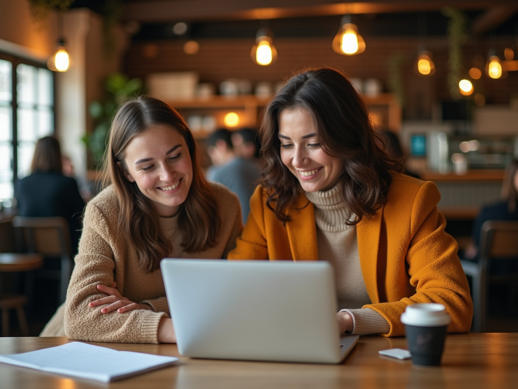 Two women smiling and looking at a laptop in a cozy cafe.