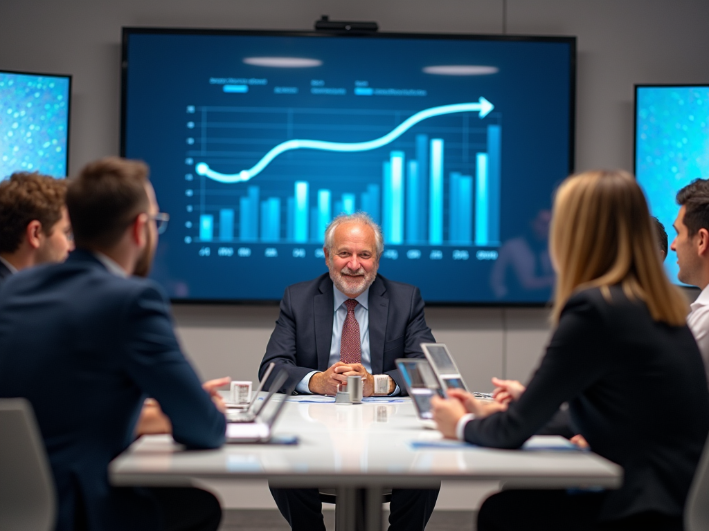 Senior executive discussing growth charts with team in meeting room.