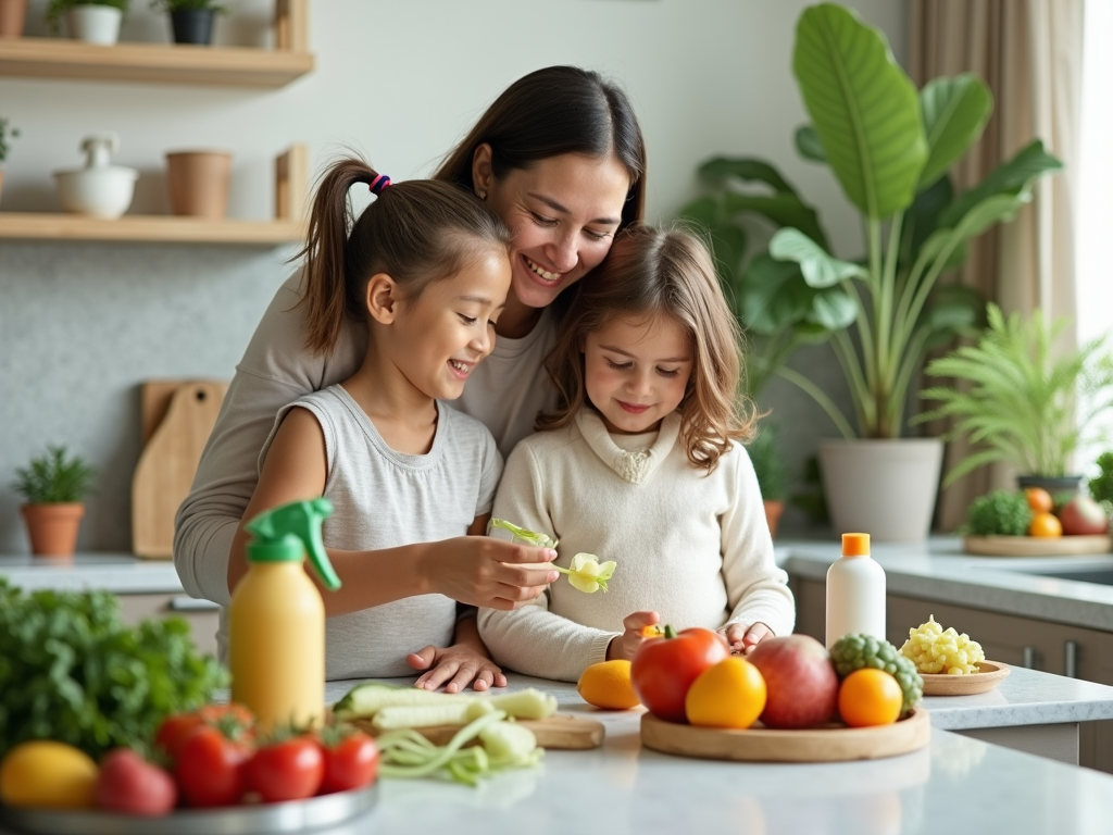 A mother and two daughters enjoy cooking together in a bright kitchen filled with fresh vegetables and fruits.