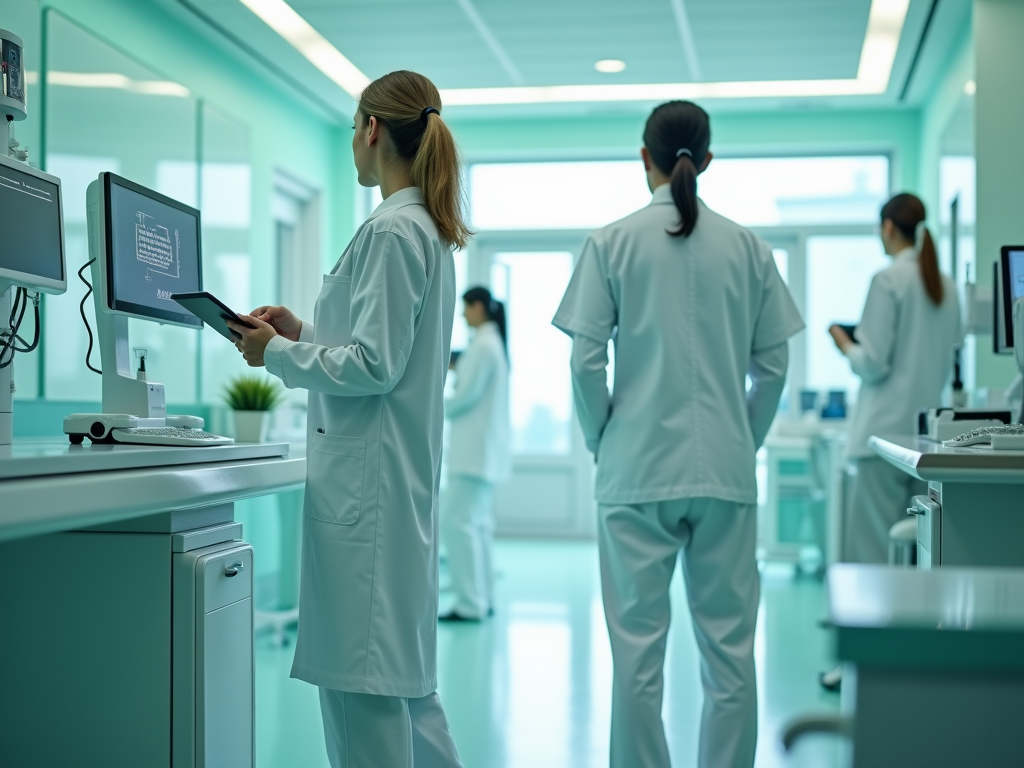 Five medical professionals in scrubs use devices and computers in a bright, modern healthcare setting.