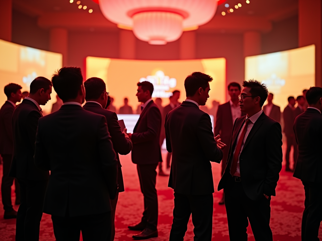 Business professionals networking in a warmly lit conference room with glowing red lights.