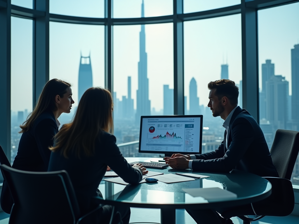 Three professionals discussing graphs on a computer in an office with cityscape backdrop.