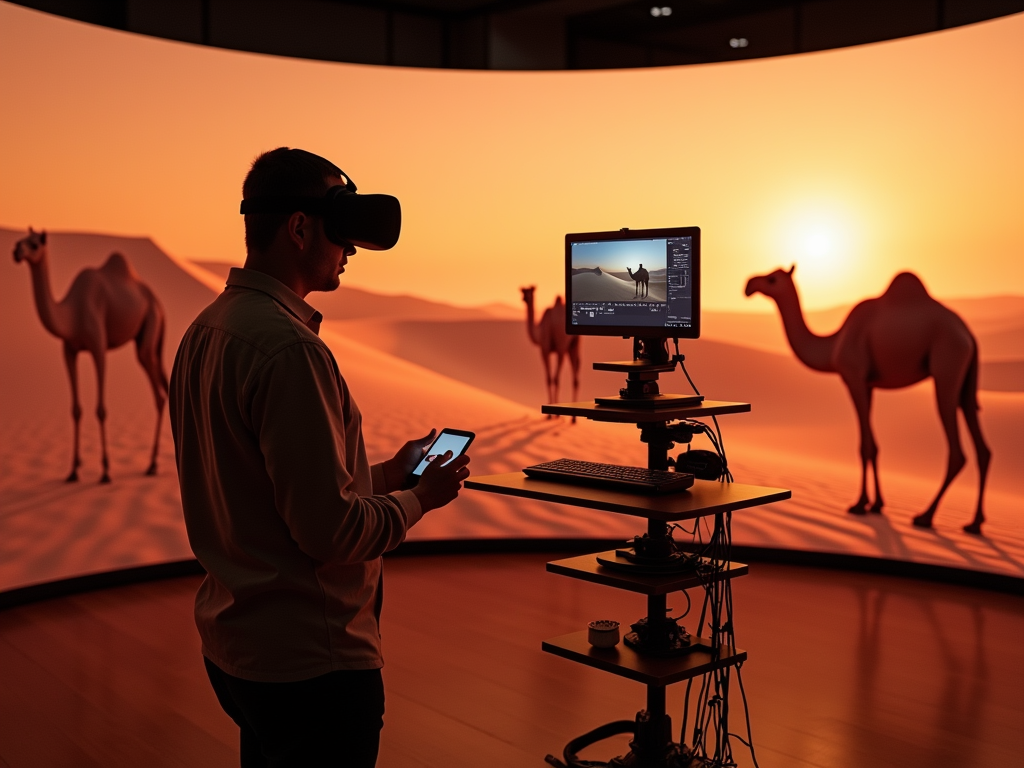 A person wearing a VR headset interacts with a phone in front of a glowing desert scene with camels.