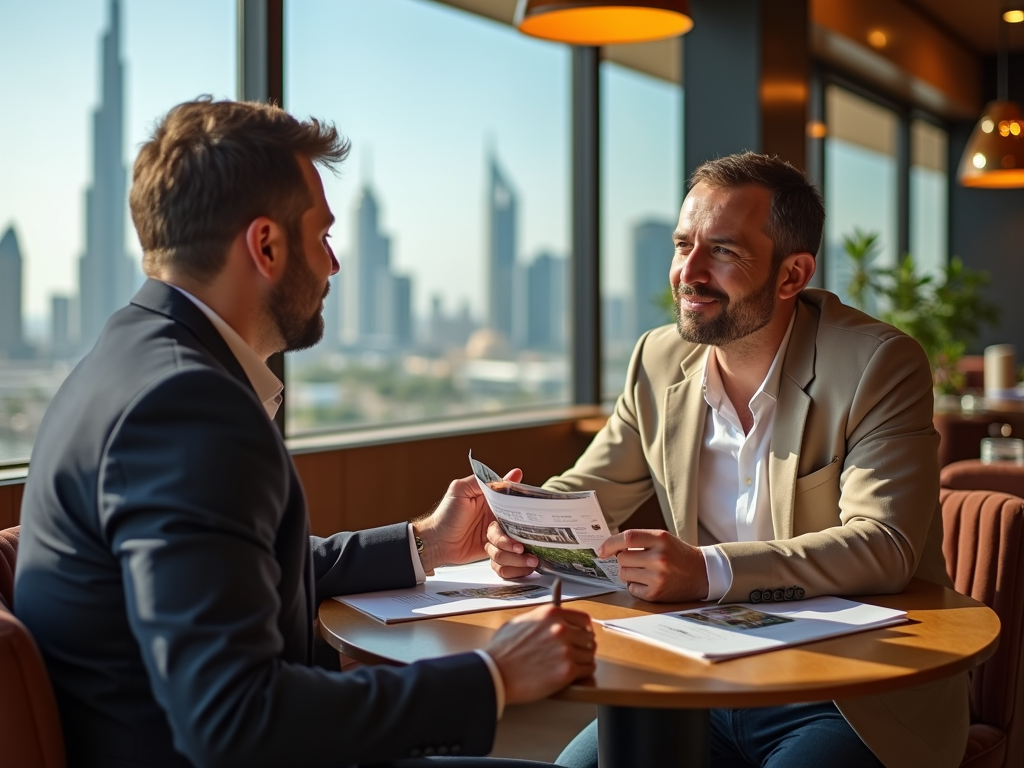 Two businessmen discussing papers in a bright office with cityscape in the background.