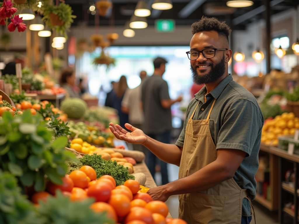 A smiling man in an apron stands in a vibrant market, showcasing fresh produce to customers.