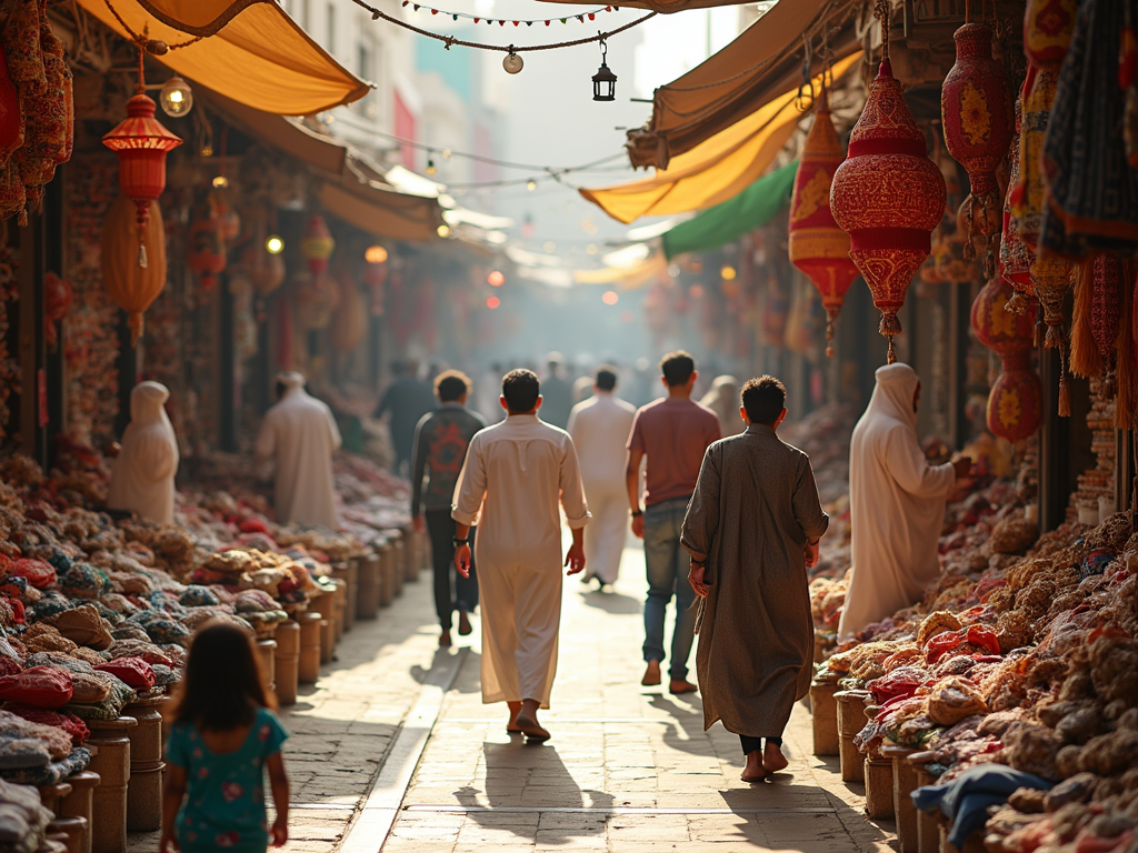 People walking in a vibrant market street lined with colorful lanterns and goods.